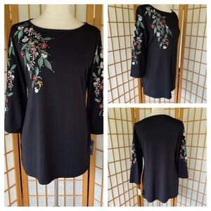 JM Collection Black Floral Embroidered Embellished Stretch Knit Top SZ M NWT